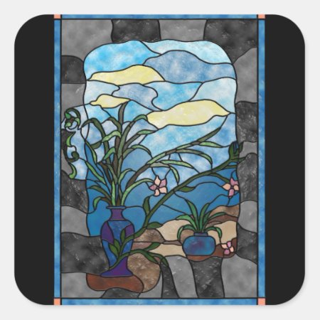 Flower Vase Plant Vintage Stained Glass Style Square Sticker
