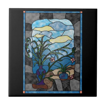 Flower Vase Plant Vintage Stained Glass Style Tile
