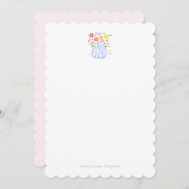 Flower Vase  Scalloped Personalized Note Card (Front/Back)