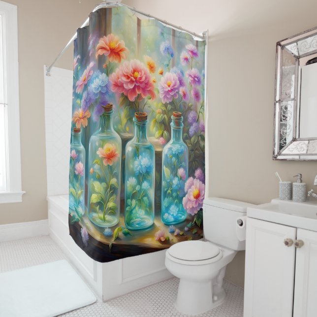 Flower vases filled with stunning, vibrant blooms, shower curtain (In Situ)