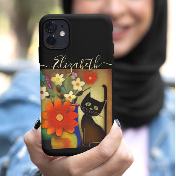 Flower Vases With Black Cat Artwork Add Name Iphone 11 Case by ironydesignphotos at Zazzle