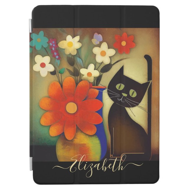 Flower Vases with Black Cat Artwork Add Name iPad Air Cover (Front)