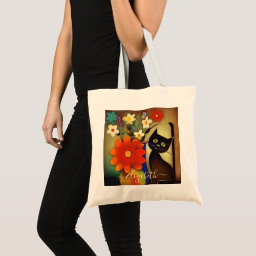 Flower Vases with Black Cat Artwork Add Name Tote Bag