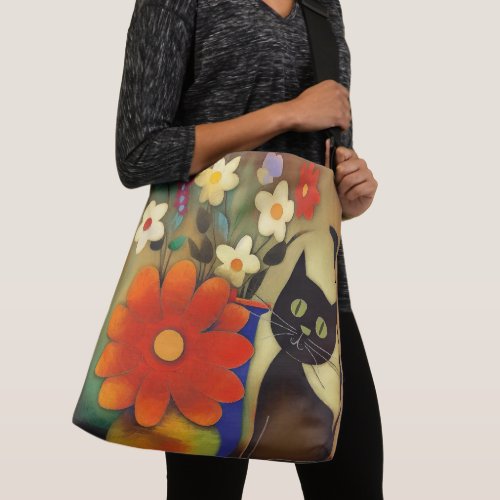Flower Vases with Black Cat Artwork Crossbody Bag