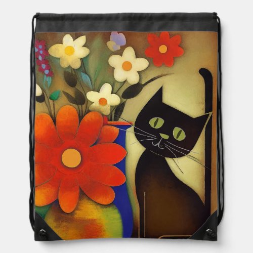 Flower Vases with Black Cat Artwork Drawstring Bag
