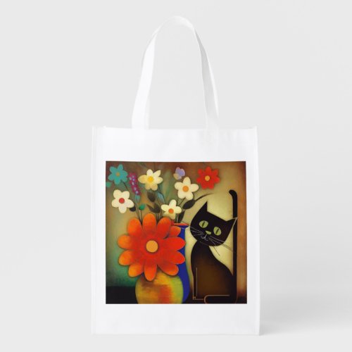 Flower Vases with Black Cat Artwork Grocery Bag