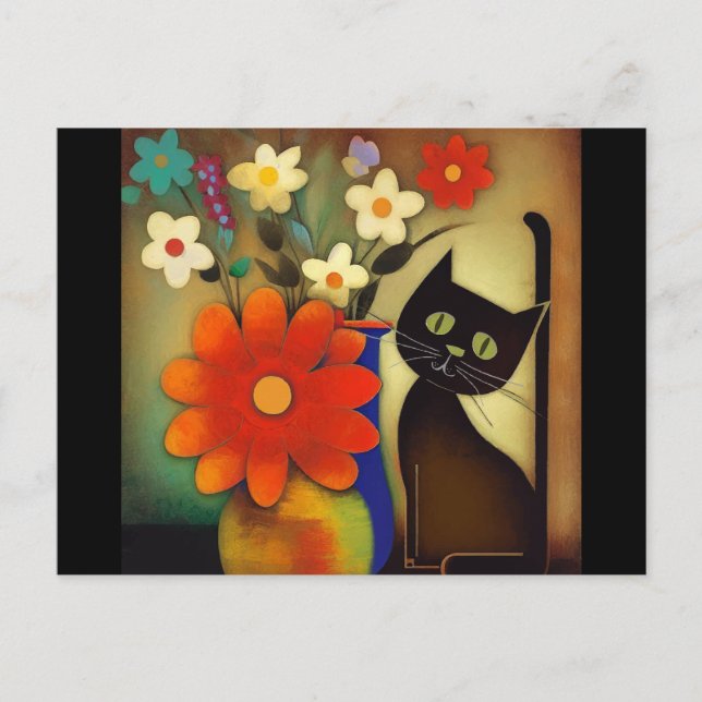 Flower Vases with Black Cat Artwork Postcard (Front)