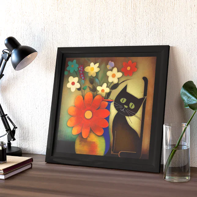 Flower Vases with Black Cat Artwork Poster
