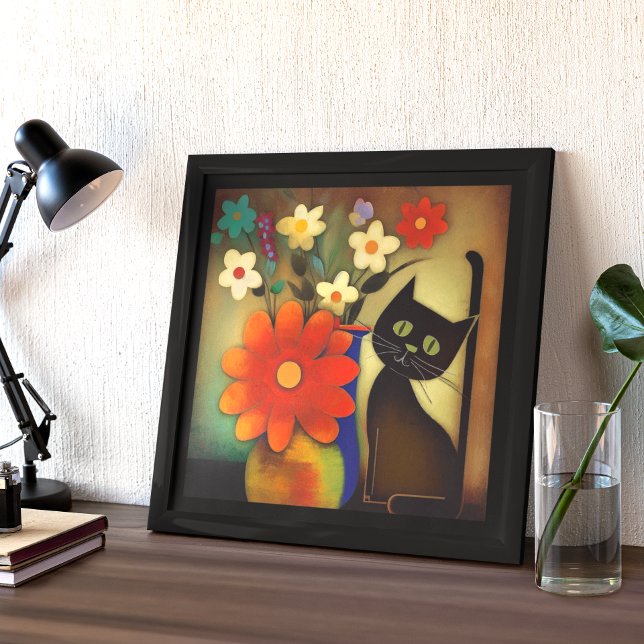 Flower Vases with Black Cat Artwork Poster