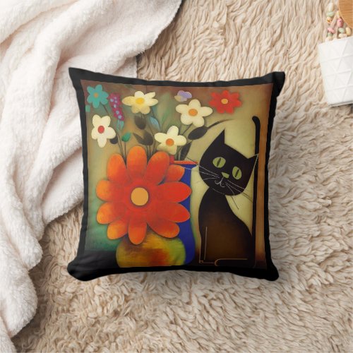 Flower Vases with Black Cat Artwork Throw Pillow