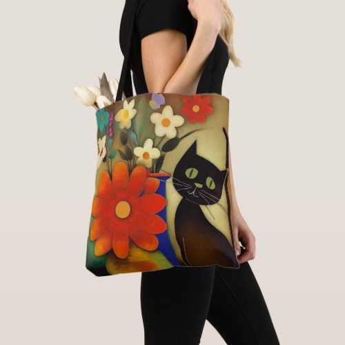 Flower Vases with Black Cat Artwork Tote Bag