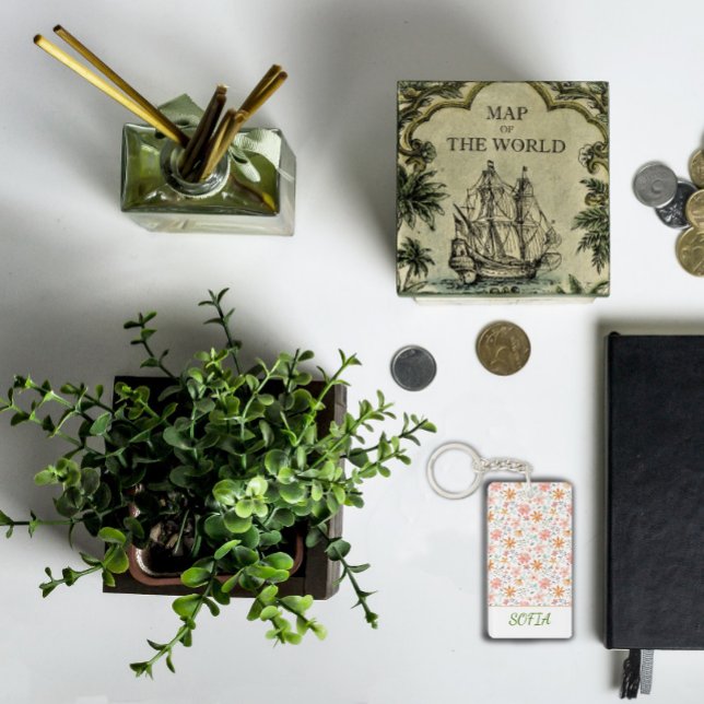 Flower watercolor pattern name yellow orange white keychain (Creator Uploaded)