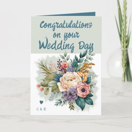 Flower Wedding Congratulations green blue Card