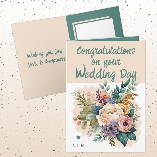 Flower Wedding Congratulations green peach Card (Creator Uploaded)