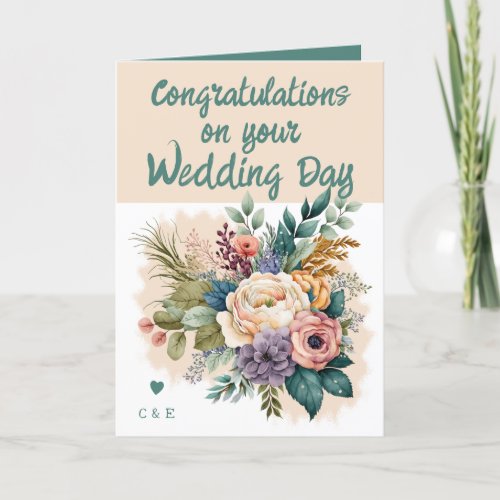 Flower Wedding Congratulations green peach Card