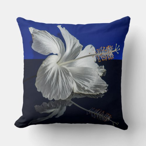 Flower White Hibiscus on Blue Background Throw Pillow