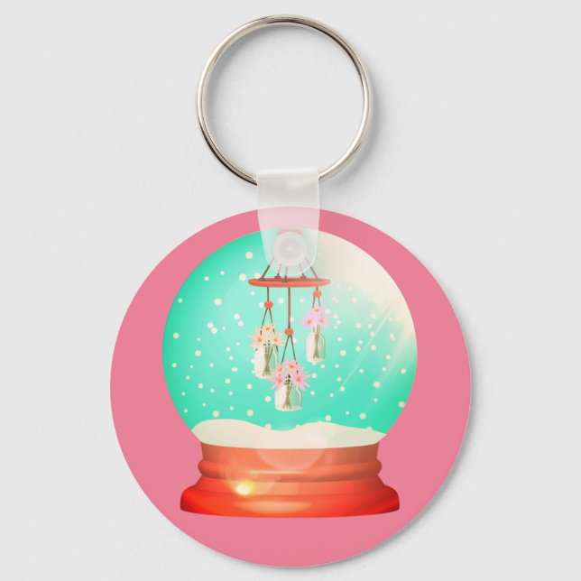 Flower windchime snow globe cute winter pink keychain (Front)