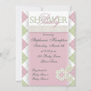 Flower with Checkerboard in Pink - Green Baby Show Invitation