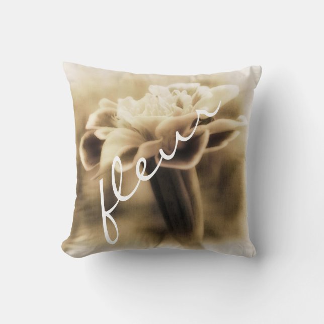 flower with French text sepia nature photo art Throw Pillow (Front)