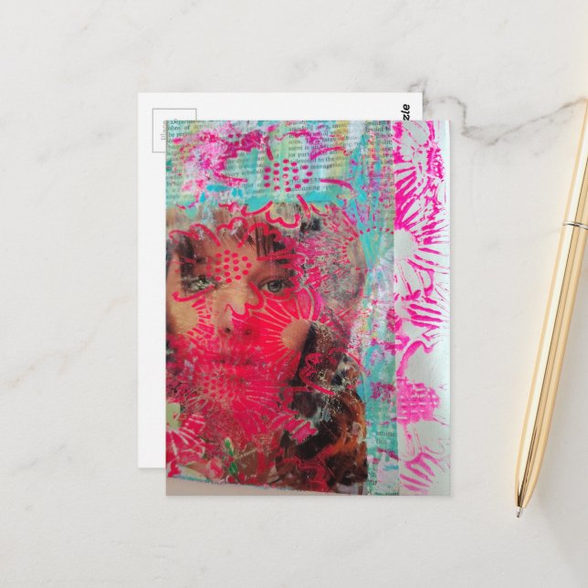 Flower Woman Abstract Mixed Media Collage Postcard (Front/Back In Situ)