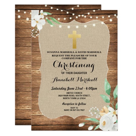 Flower Wood Christening Baptism Floral White Green Invitation | Zazzle.com