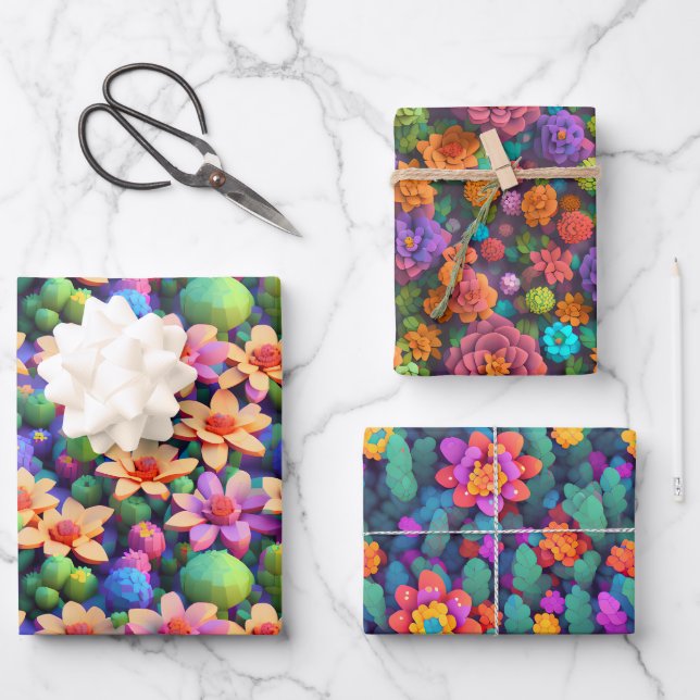 Flower Wrapping Paper - Bright Multicolored Voxel (Front)