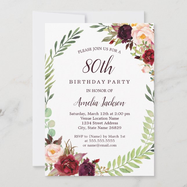 Flower Wreath Burgundy 80th Birthday Invitation (Front)
