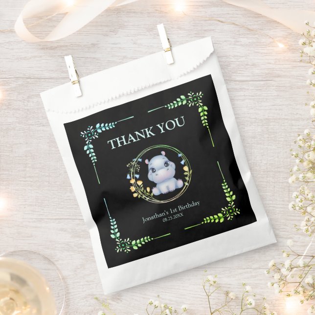 Flower Wreath Cute Hippo Birthday Thank You Black Favor Bag (Clipped)