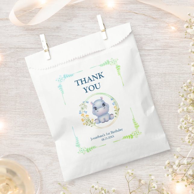 Flower Wreath Cute Hippopotamus Birthday Thank You Favor Bag (Clipped)