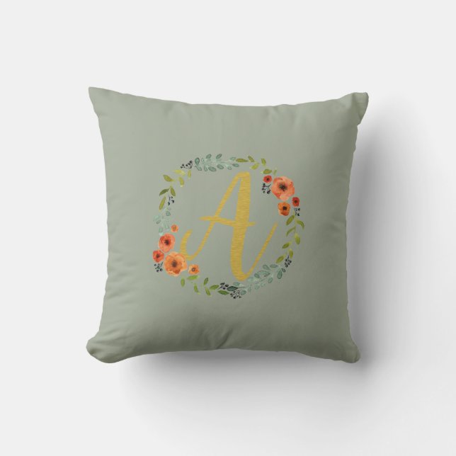 Flower Wreath Gold Monogram Initial A Cushion (Front)
