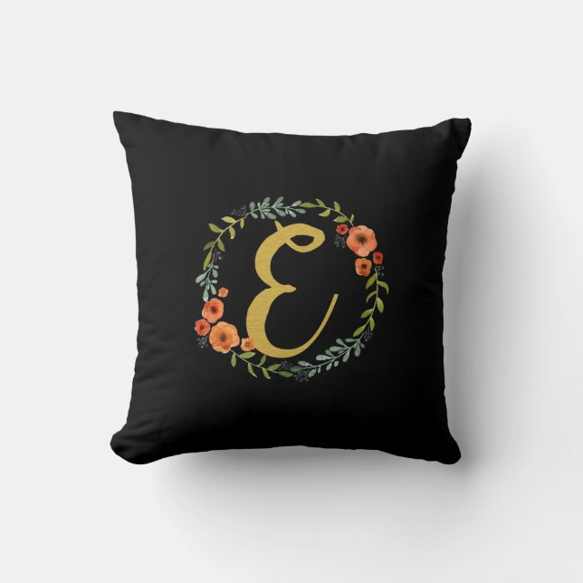 Flower Wreath Gold Monogram Initial E Cushion (Front)