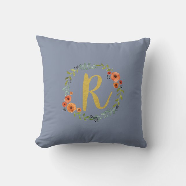 Flower Wreath Gold Monogram Initial R Cushion (Front)