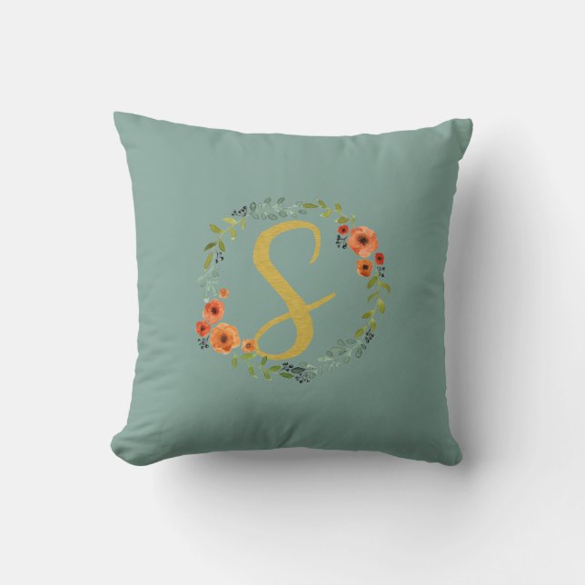 Flower Wreath Gold Monogram Initial S Cushion (Front)