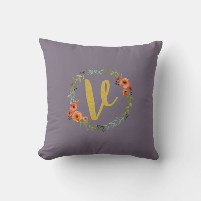 Flower Wreath Gold Monogram Initial V Cushion (Front)