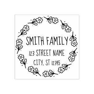 Flower Wreath Hand Drawn Look - Customizable Rubber Stamp