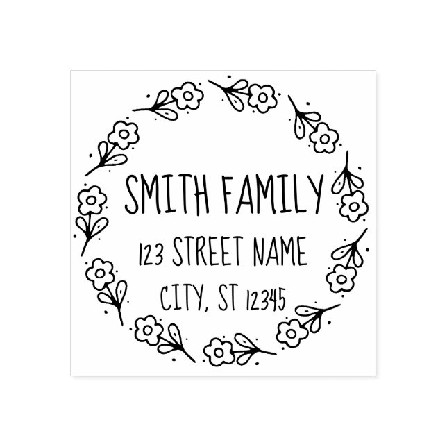Flower Wreath Hand Drawn Look - Customizable Rubber Stamp (Imprint)
