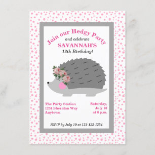 Flower Wreath Hedgehog Birthday Party Invitation