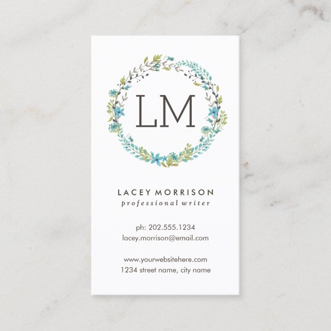 Flower Wreath | Modern Blue Floral Business Card (Front)
