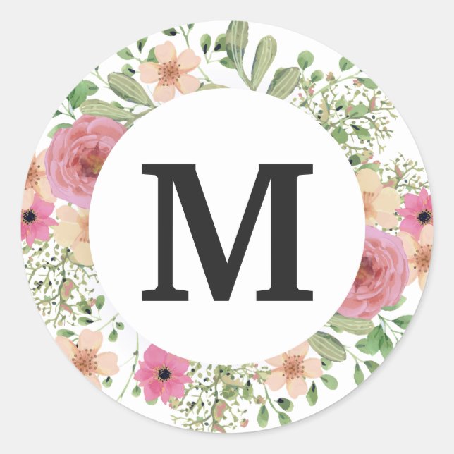 Flower Wreath Monogram Classic cute Classic Round Sticker (Front)