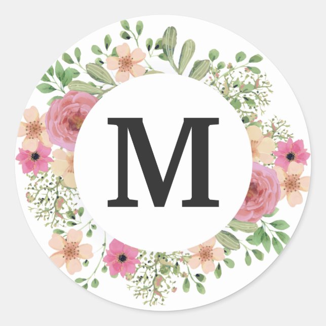 Flower Wreath Monogram Classic cute Classic Round Sticker (Front)
