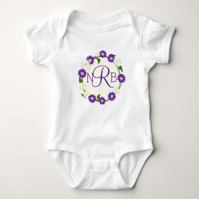 Flower Wreath Monogram Purple Baby Bodysuit (Front)