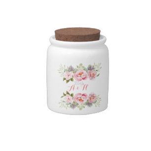 Flower Wreath Pink Monogram Wedding Anniversary Candy Jar