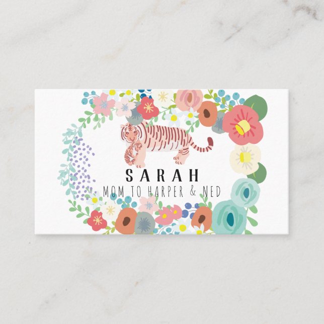 Flower Wreath Tiger Mom & Cub Mommy Business Card (Front)