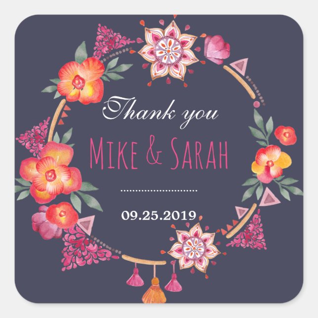 Flower Wreath Tribe Pattern Thank You Sticker (Front)