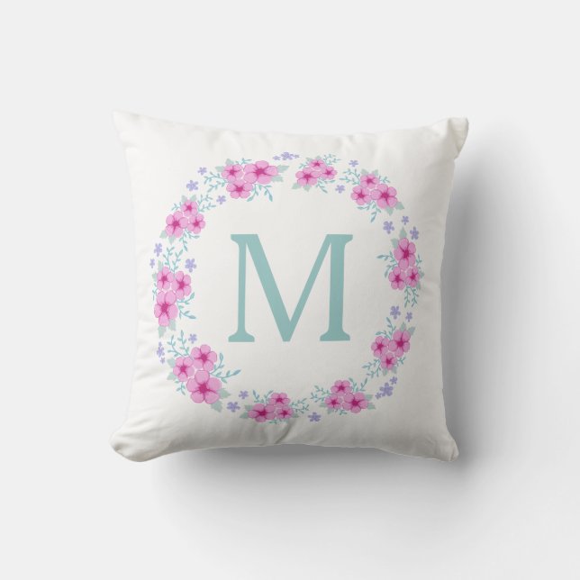 Flower Wreath With Custom Monogram Throw Pillow (Front)