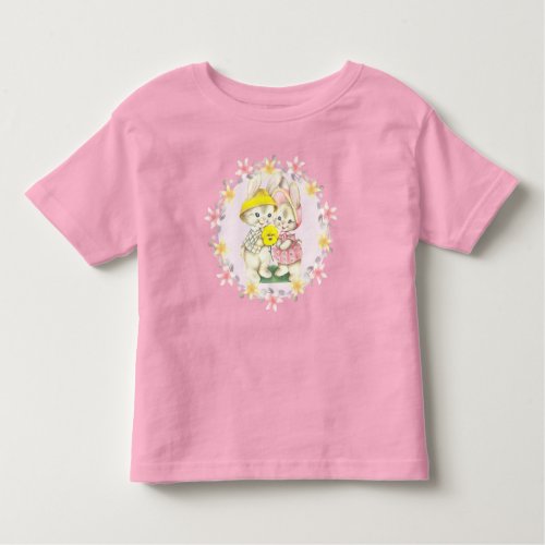 Flower Wreath with Vintage Easter Bunnies  Pink Toddler T_shirt