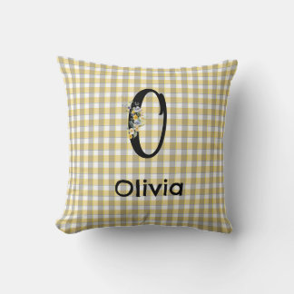 Flower yellow greygingham pattern Monogram Throw Pillow