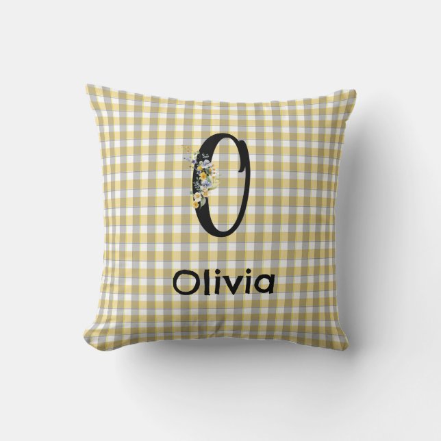 Flower yellow greygingham pattern Monogram Throw Pillow (Front)