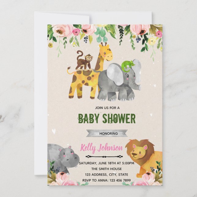 Flower zoo animals shower invitation (Front)