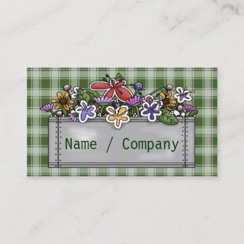 Flowerbox And Green Gingham Business Card by RainbowCards at Zazzle